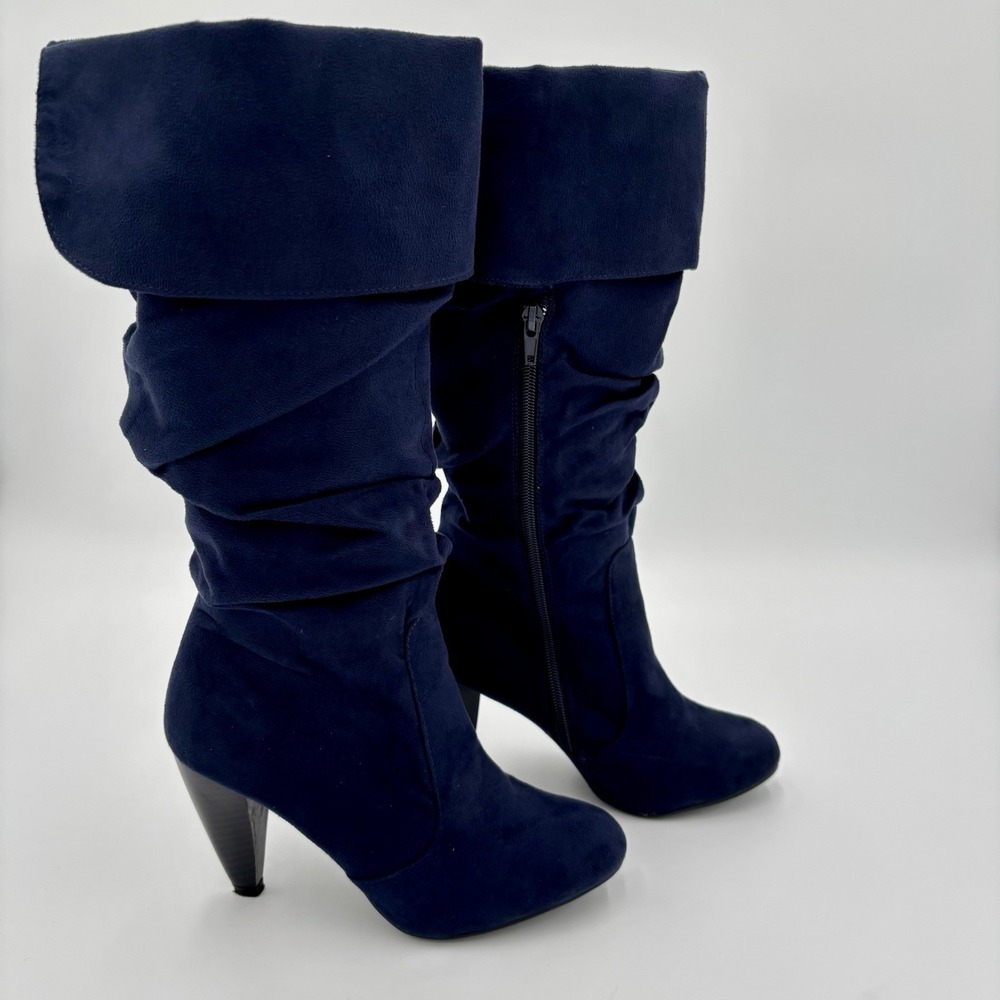 Charlotte Russe Plaza High Heel Slouchy Boot Women 7 Navy Blue Faux Suede Dark